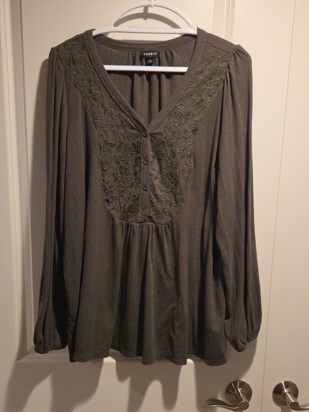 torrid Olive Green Embroidered V-Neck Button-Front Tunic